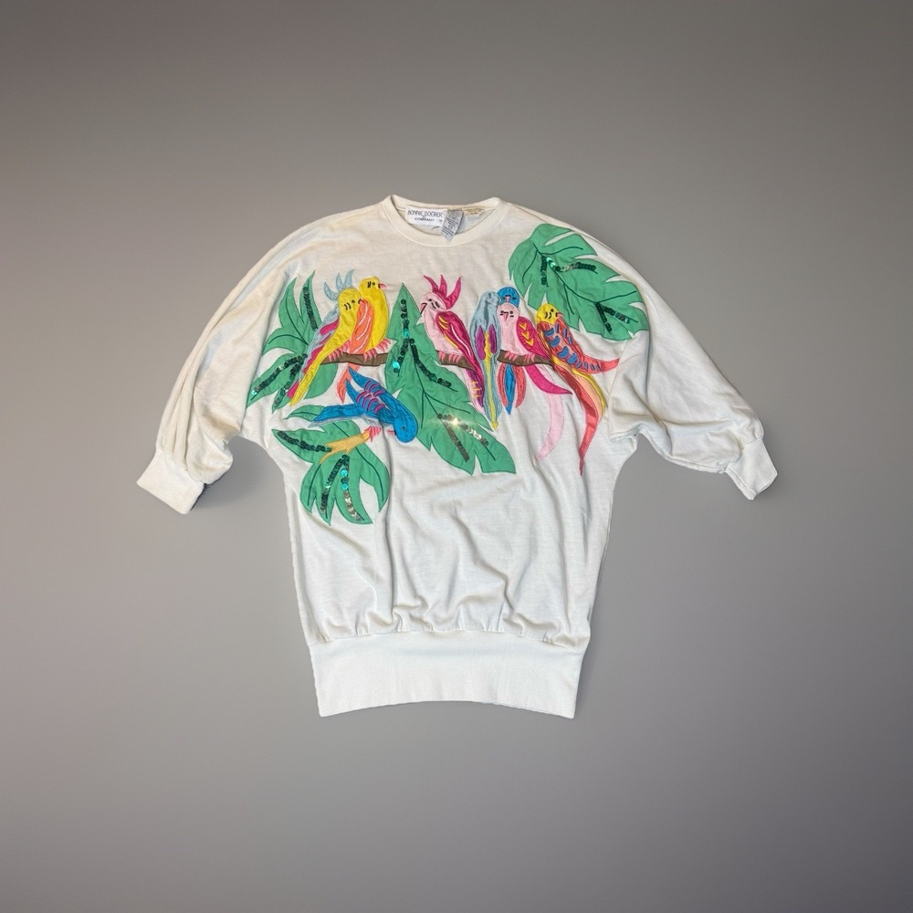 Vtg 80's Bonnie Boerer & Co Womens Top Size L Colorful Bird Art Embroidered